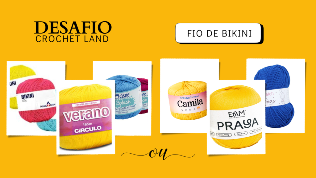 Lista da materiais para fazer a netbag do desafio crochet land lemon bag. Fios de biquini de diferentes marcas